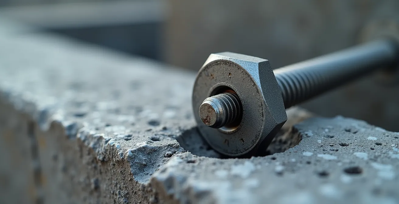 Vue macro détaillée d'un système d'ancrage professionnel dans du béton armé