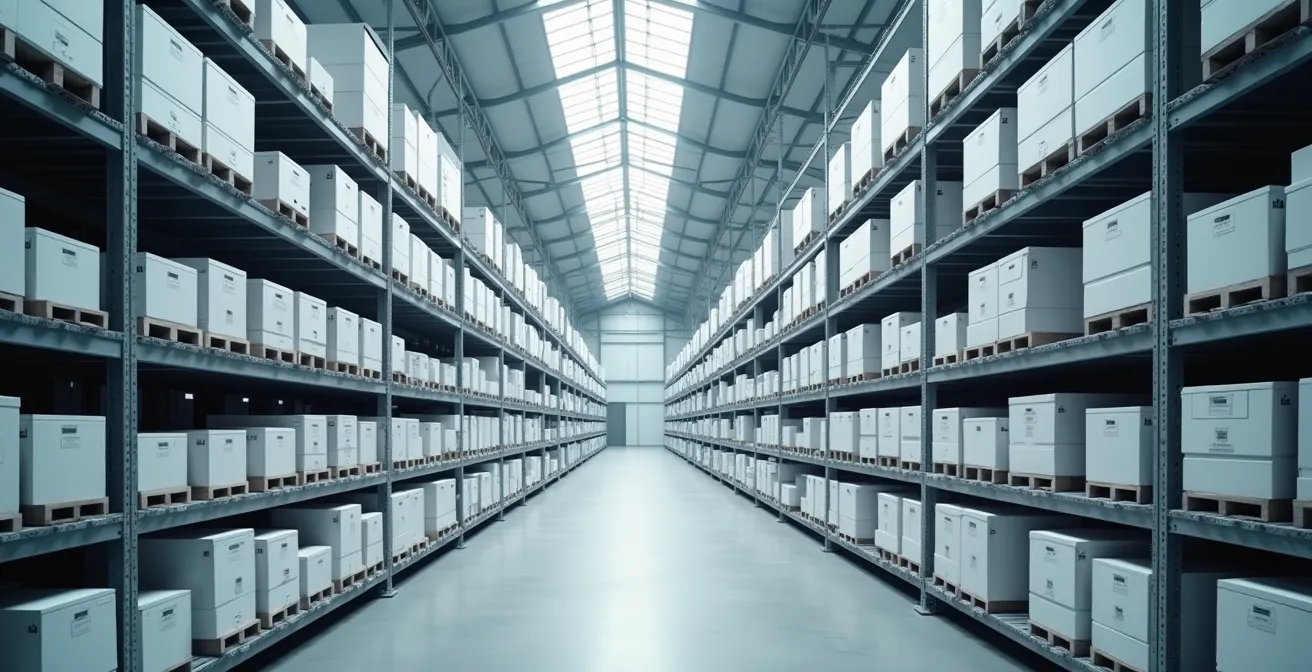 Vue aérienne d'un entrepôt moderne avec équipements de sécurité organisés méthodiquement