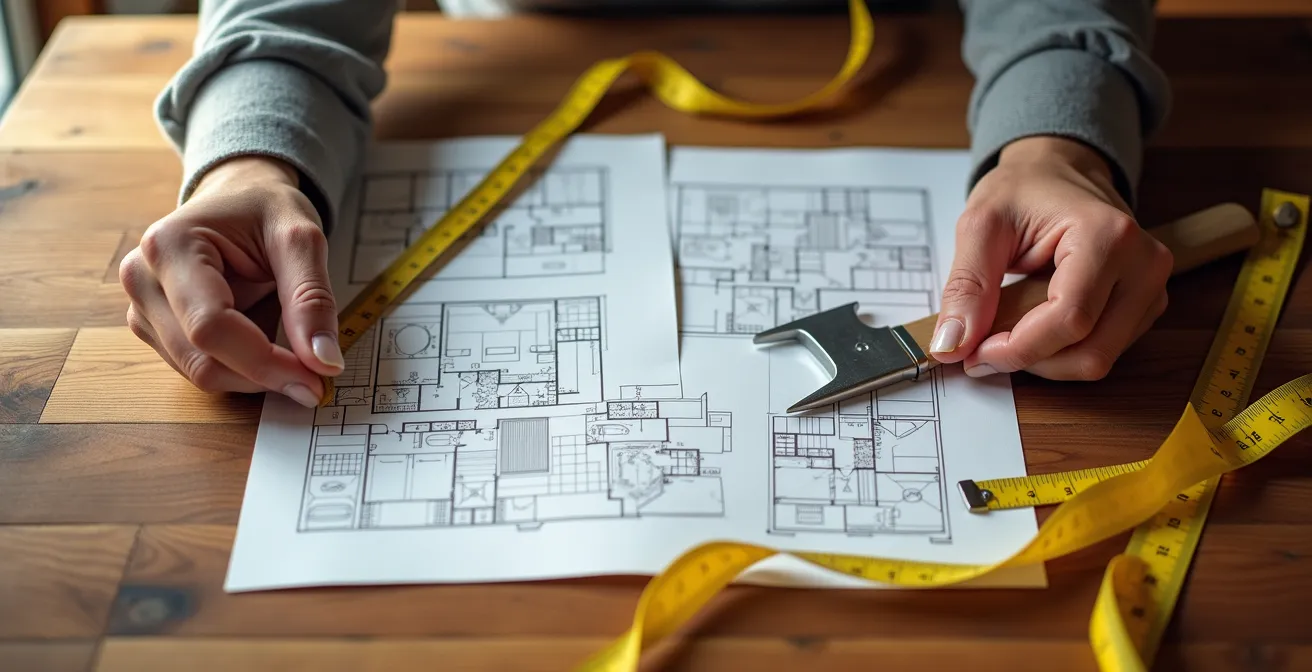 Mains organisant méthodiquement des plans de maison et outils sur une table en bois
