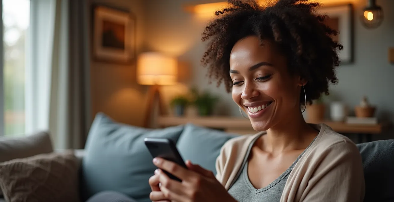 Personne utilisant sereinement l'application mobile de télésurveillance sur son smartphone dans un intérieur moderne