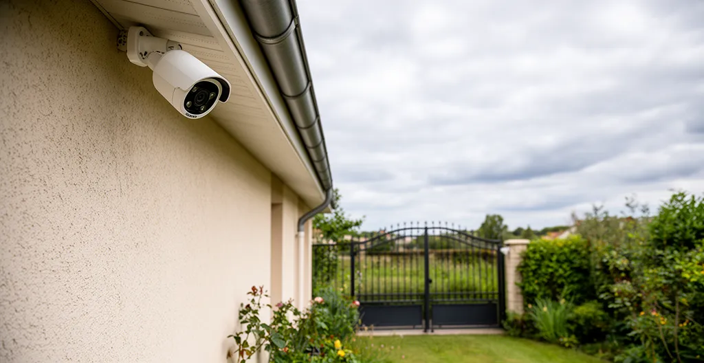 Caméra de surveillance bullet blanche installée sous avant-toit avec vue sur jardin