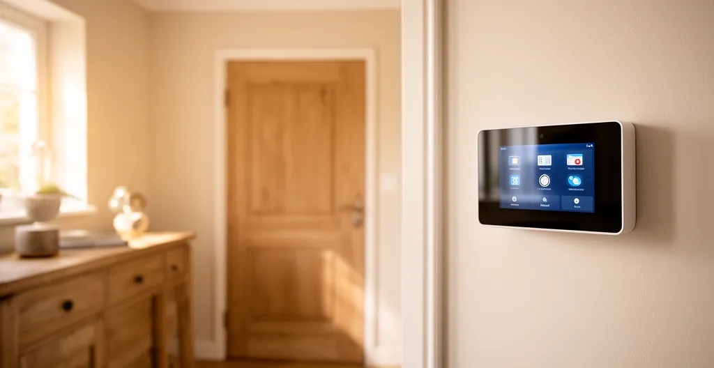 Boîtier central d'alarme avec écran tactile installé dans une entrée de maison