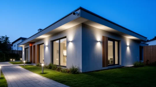 Façade de maison individuelle avec éclairage sécuritaire et caméra de surveillance au crépuscule