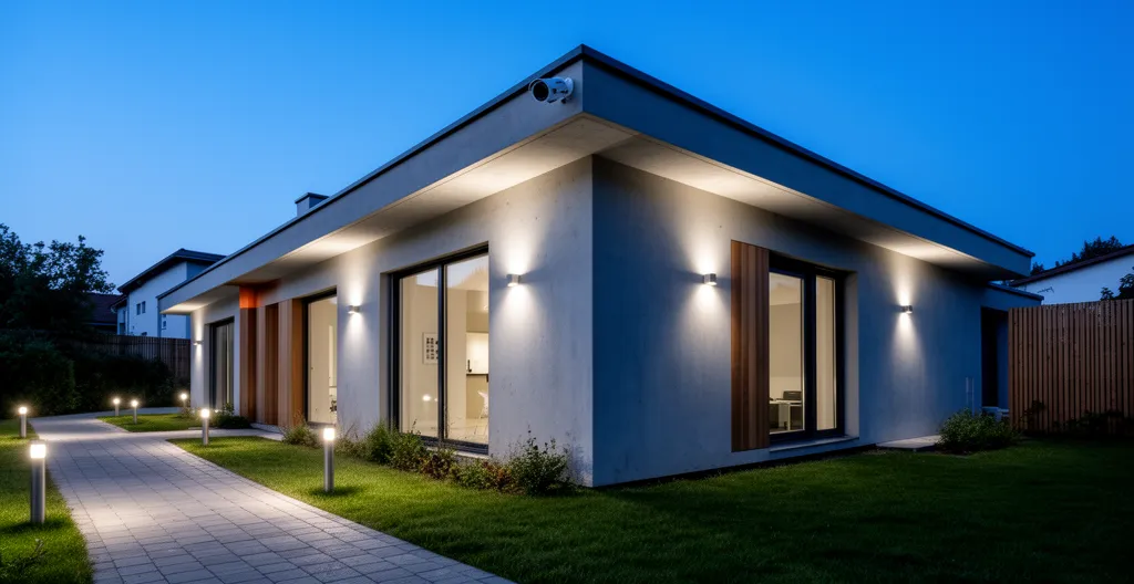 Façade de maison individuelle avec éclairage sécuritaire et caméra de surveillance au crépuscule