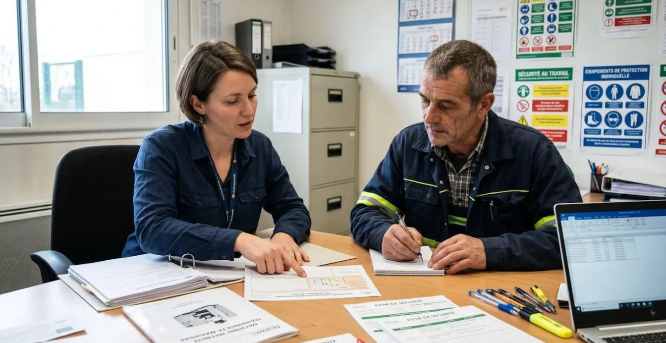 Deux professionnels (responsable sécurité et chef d'atelier) travaillant ensemble à une table sur des documents de sécurité, avec ordinateur portable et documentation technique, dans un bureau HSE éclairé naturellement