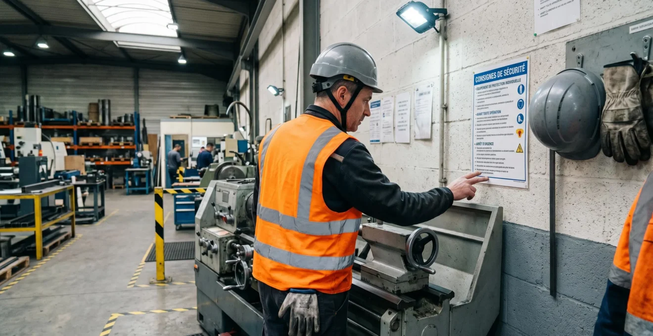 Responsable sécurité consultant une fiche de sécurité plastifiée fixée au mur dans un atelier industriel, à proximité d'une machine-outil, avec équipements de protection et marquage au sol visibles
