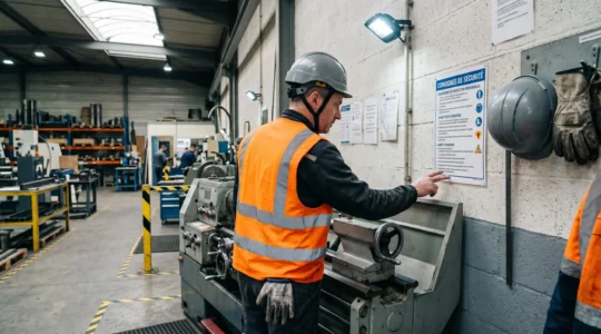 Responsable sécurité consultant une fiche de sécurité plastifiée fixée au mur dans un atelier industriel, à proximité d'une machine-outil, avec équipements de protection et marquage au sol visibles